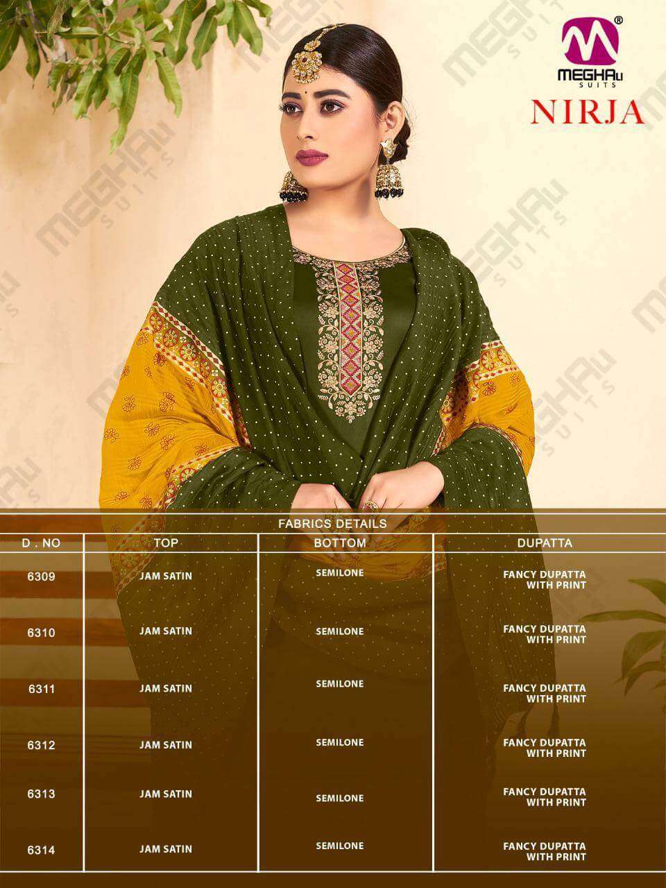 NIRJA BY MEGHALI SUITS 6309 TO 6314 SERIES BEAUTIFUL SUITS COLORFUL STYLISH FANCY CASUAL WEAR & ETHNIC WEAR JAM SATIN DRESSES AT WHOLESALE PRICE