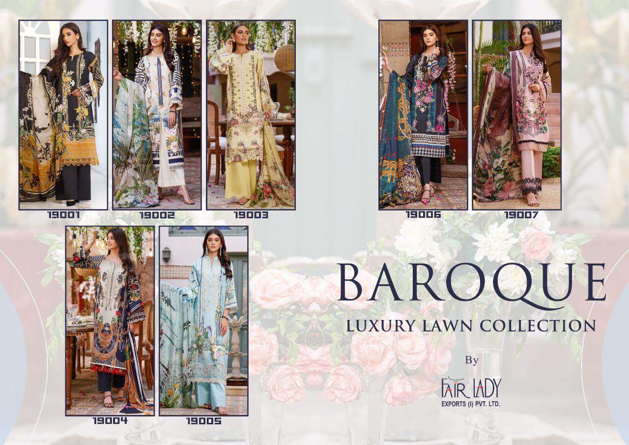 BAROQUE LUXURY LAWN COLLECTION BY FAIR LADY 19001 TO 19007 SERIES PAKISATNI SUITS BEAUTIFUL FANCY COLORFUL STYLISH PARTY WEAR & OCCASIONAL WEAR LAWN COTTON PRINT EMBROIDERED DRESSES AT WHOLESALE PRICE