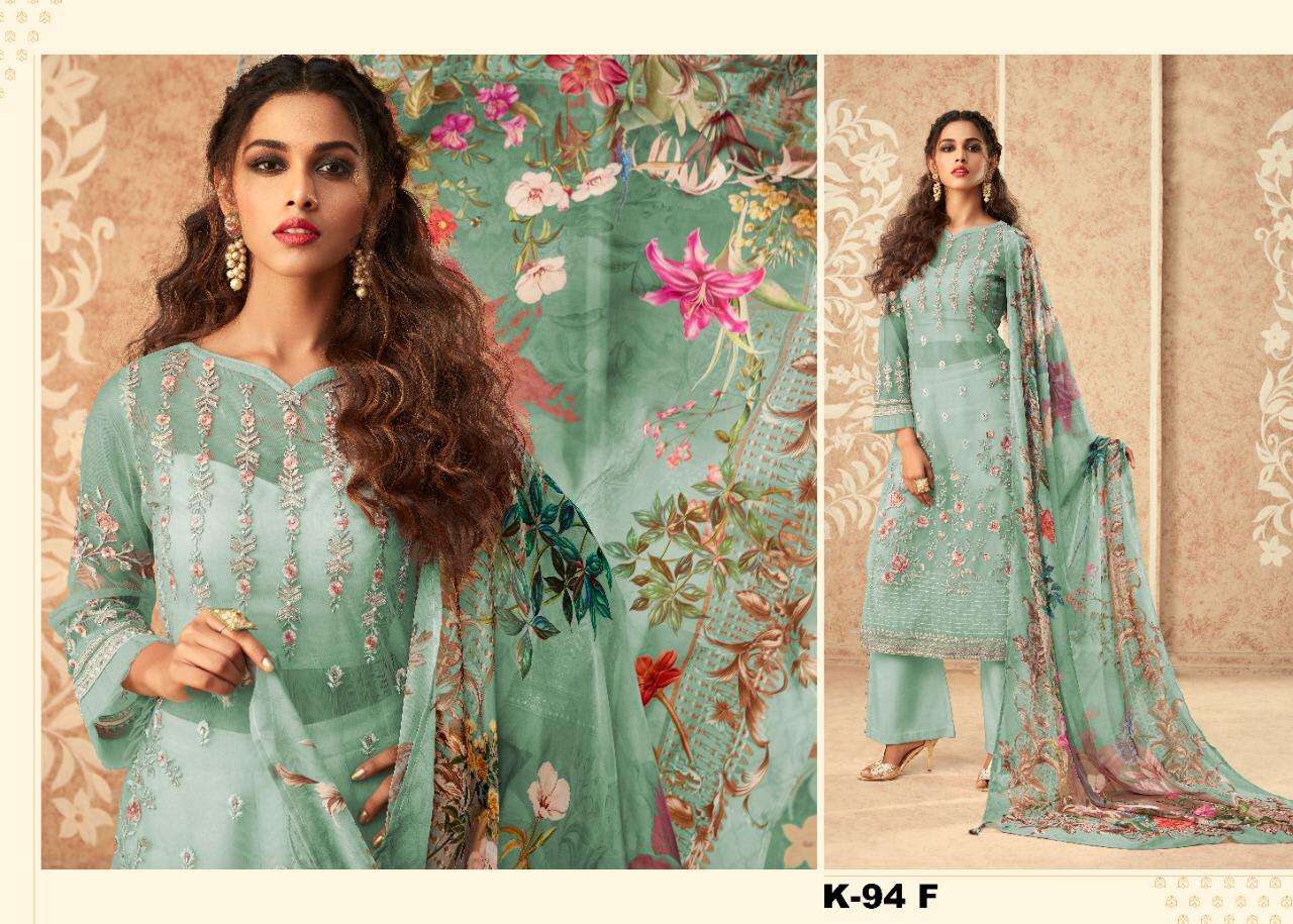 KILRUBA HIT DESIGN K-94 COLOURS VOL-2 BY KILRUBA BEAUTIFUL STYLISH PAKISATNI SUITS FANCY COLORFUL CASUAL WEAR & ETHNIC WEAR & READY TO WEAR SUPER NET WITH EMBROIDERY DRESSES AT WHOLESALE PRICE