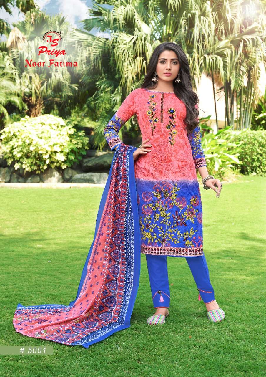 NOOR FATIMA VOL-5 BY J S PRIYA 5001 TO 5010 SERIES BEAUTIFUL SUITS COLORFUL STYLISH FANCY CASUAL WEAR & ETHNIC WEAR PURE COTTON DRESSES AT WHOLESALE PRICE
