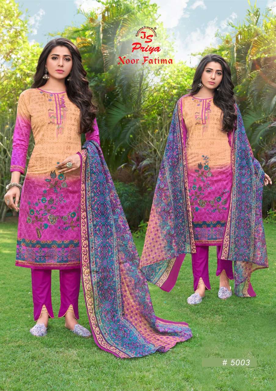 NOOR FATIMA VOL-5 BY J S PRIYA 5001 TO 5010 SERIES BEAUTIFUL SUITS COLORFUL STYLISH FANCY CASUAL WEAR & ETHNIC WEAR PURE COTTON DRESSES AT WHOLESALE PRICE