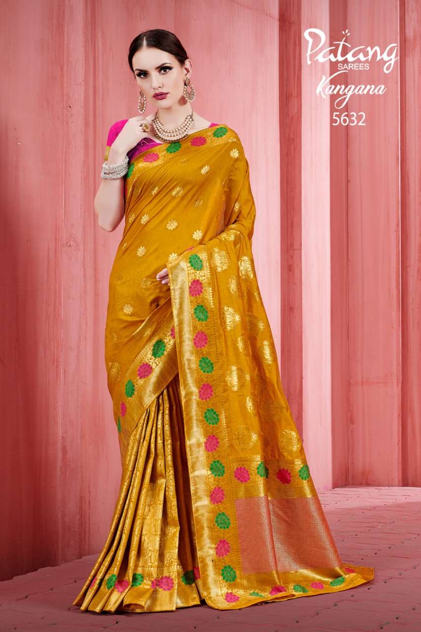 KANGANA BY PATANG SAREES 5631 TO 5637 SERIES INDIAN TRADITIONAL WEAR COLLECTION BEAUTIFUL STYLISH FANCY COLORFUL PARTY WEAR & OCCASIONAL WEAR SOFT SILK SAREES AT WHOLESALE PRICE