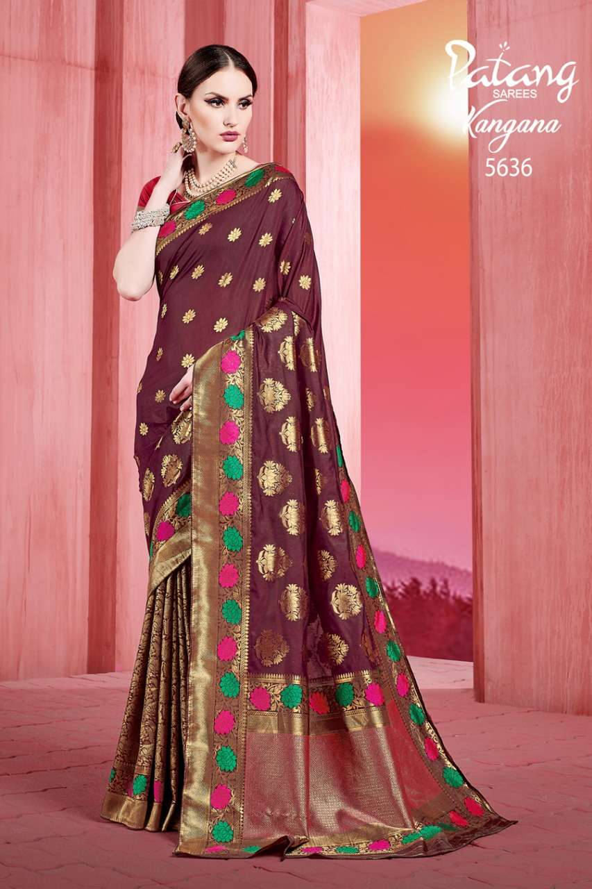 KANGANA BY PATANG SAREES 5631 TO 5637 SERIES INDIAN TRADITIONAL WEAR COLLECTION BEAUTIFUL STYLISH FANCY COLORFUL PARTY WEAR & OCCASIONAL WEAR SOFT SILK SAREES AT WHOLESALE PRICE