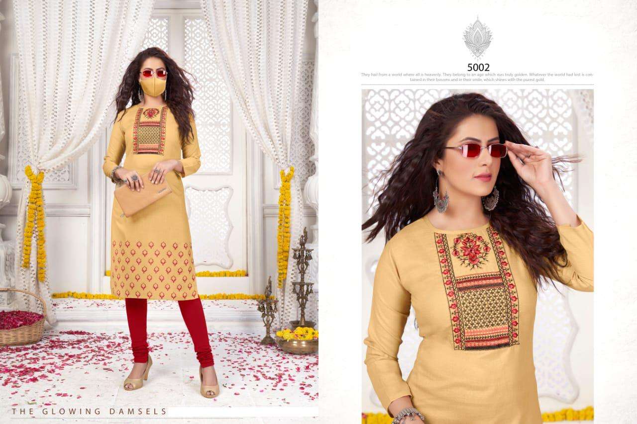 CHINGARI VOL-5 BY NITISHA NX 5001 TO 5010 SERIES BEAUTIFUL STYLISH FANCY COLORFUL CASUAL WEAR & ETHNIC WEAR & READY TO WEAR HEAVY SOFT COTTON SLUB EMBROIDERED KURTIS WITH MASK AT WHOLESALE PRICE