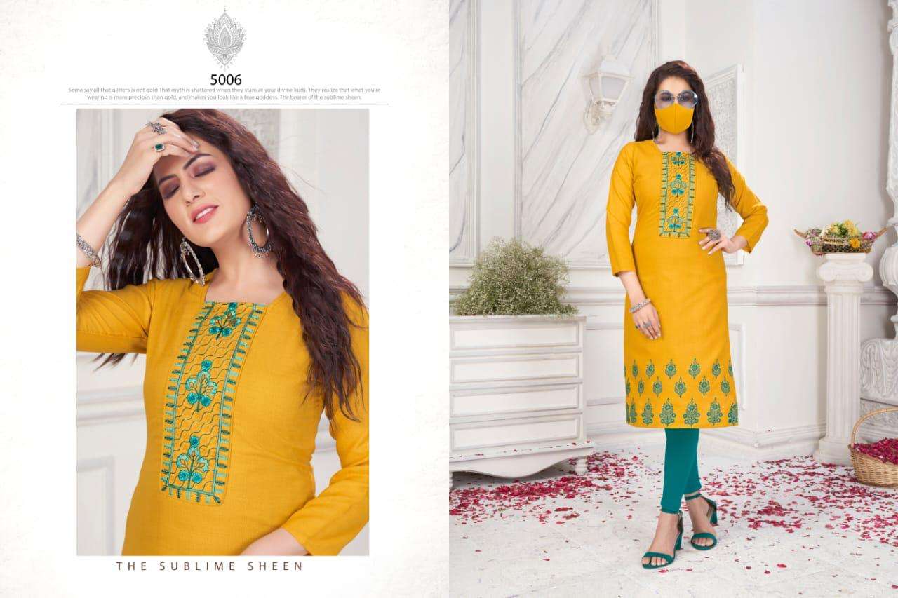 CHINGARI VOL-5 BY NITISHA NX 5001 TO 5010 SERIES BEAUTIFUL STYLISH FANCY COLORFUL CASUAL WEAR & ETHNIC WEAR & READY TO WEAR HEAVY SOFT COTTON SLUB EMBROIDERED KURTIS WITH MASK AT WHOLESALE PRICE
