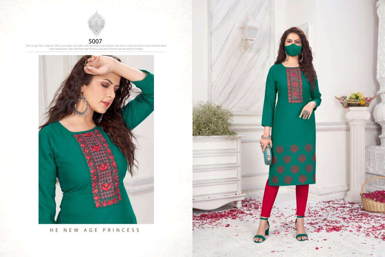 CHINGARI VOL-5 BY NITISHA NX 5001 TO 5010 SERIES BEAUTIFUL STYLISH FANCY COLORFUL CASUAL WEAR & ETHNIC WEAR & READY TO WEAR HEAVY SOFT COTTON SLUB EMBROIDERED KURTIS WITH MASK AT WHOLESALE PRICE
