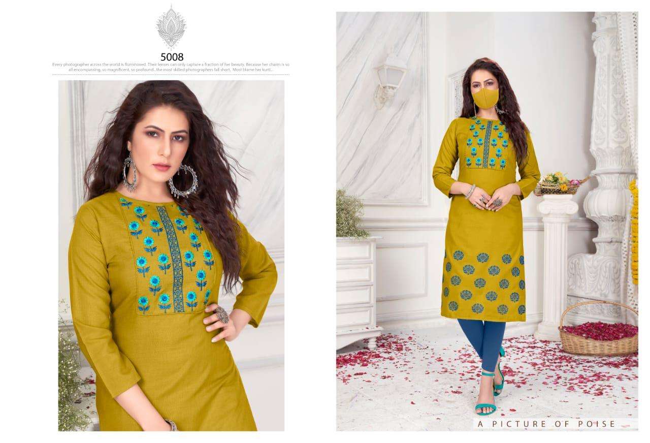 CHINGARI VOL-5 BY NITISHA NX 5001 TO 5010 SERIES BEAUTIFUL STYLISH FANCY COLORFUL CASUAL WEAR & ETHNIC WEAR & READY TO WEAR HEAVY SOFT COTTON SLUB EMBROIDERED KURTIS WITH MASK AT WHOLESALE PRICE