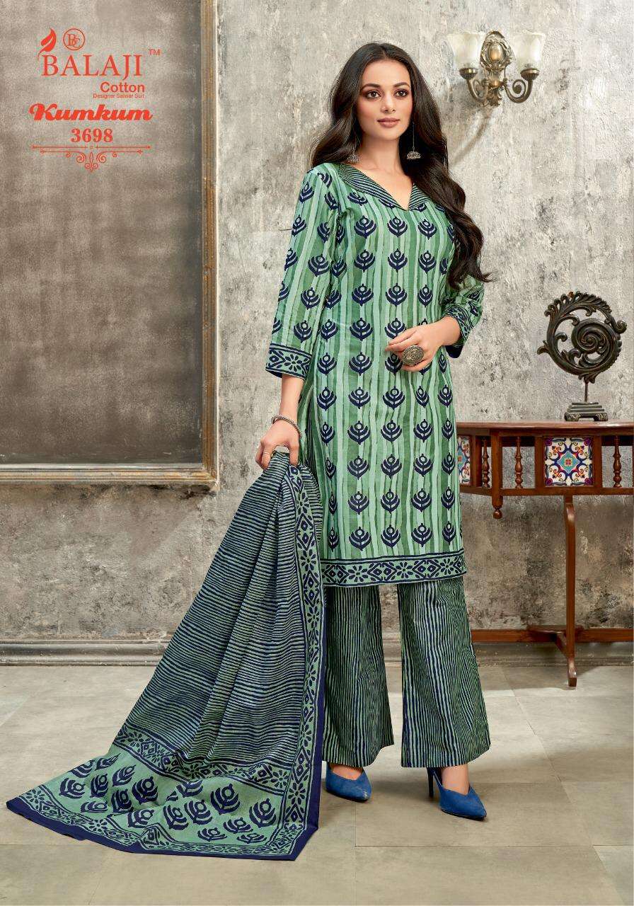 KUMKUM VOL-25 BY BALAJI COTTON 3691 TO 3710 SERIES BEAUTIFUL STYLISH SHARARA SUITS FANCY COLORFUL CASUAL WEAR & ETHNIC WEAR & READY TO WEAR HEAVY COTTON PRINTED DRESSES AT WHOLESALE PRICE