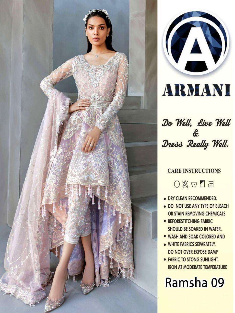RAMSHA 09 BY ARMANI PAKISTANI SUITS BEAUTIFUL FANCY COLORFUL STYLISH PARTY WEAR & OCCASIONAL WEAR BUTTERFLY NET WITH EMBROIDERY DRESSES AT WHOLESALE PRICE