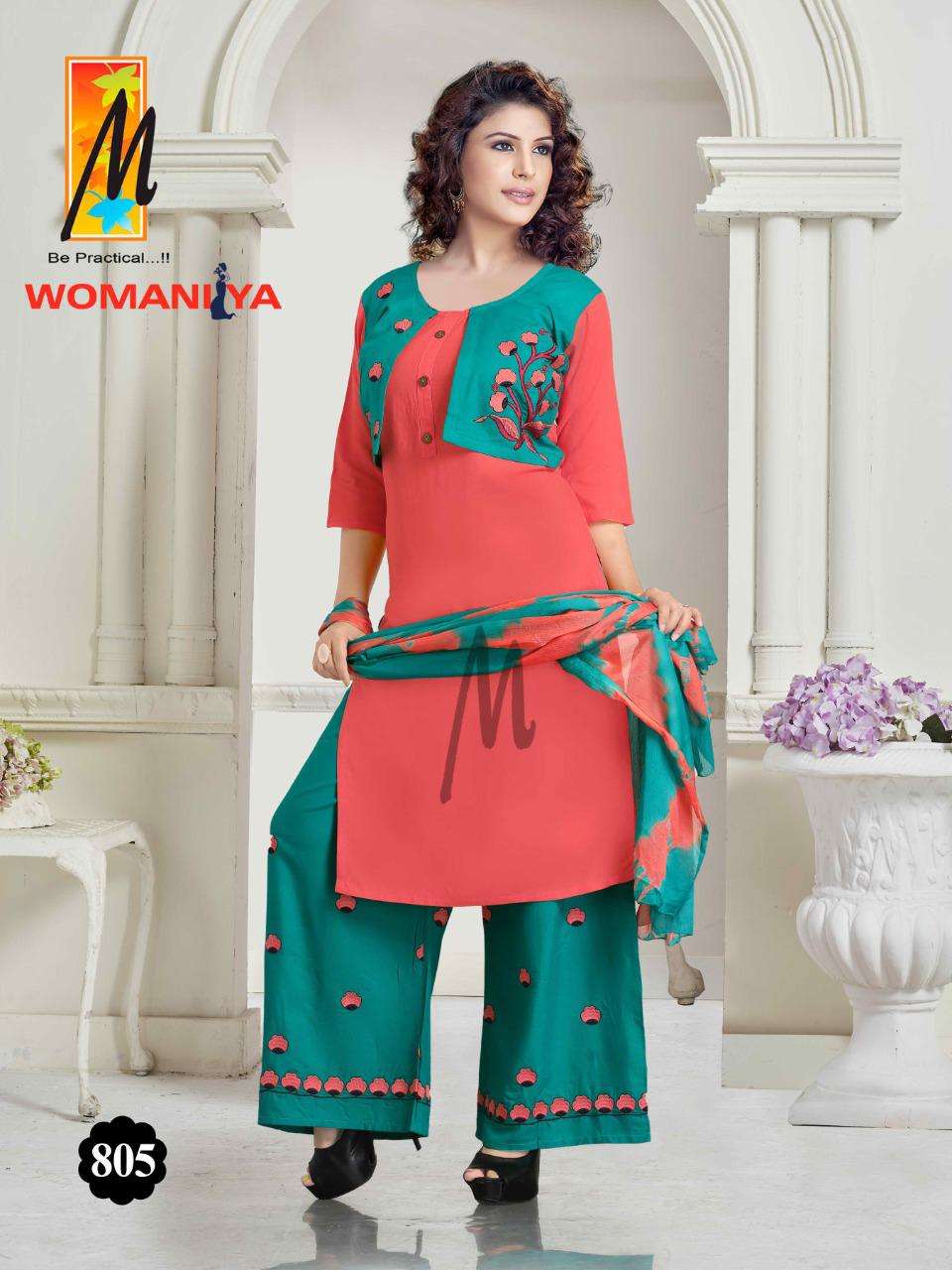 WOMANIYA BY M BE PRACTICAL 801 TO 808 SERIES BEAUTIFUL SUITS COLORFUL STYLISH FANCY CASUAL WEAR & ETHNIC WEAR RAYON WITH WORK DRESSES AT WHOLESALE PRICE