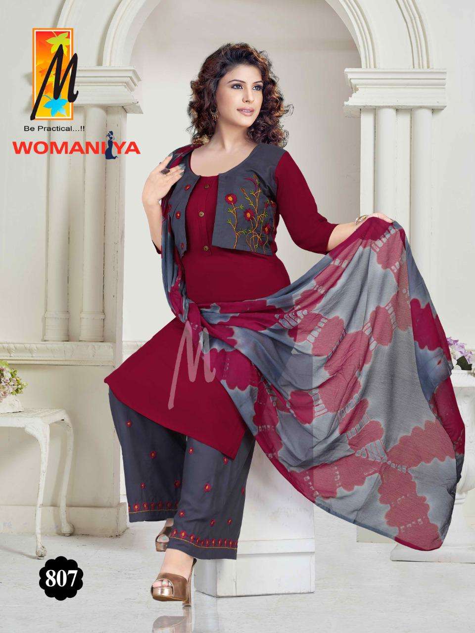 WOMANIYA BY M BE PRACTICAL 801 TO 808 SERIES BEAUTIFUL SUITS COLORFUL STYLISH FANCY CASUAL WEAR & ETHNIC WEAR RAYON WITH WORK DRESSES AT WHOLESALE PRICE