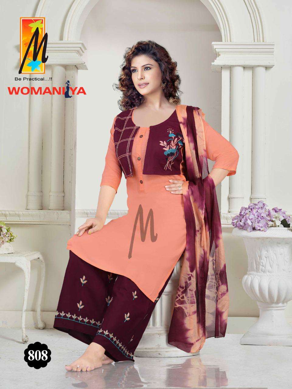 WOMANIYA BY M BE PRACTICAL 801 TO 808 SERIES BEAUTIFUL SUITS COLORFUL STYLISH FANCY CASUAL WEAR & ETHNIC WEAR RAYON WITH WORK DRESSES AT WHOLESALE PRICE