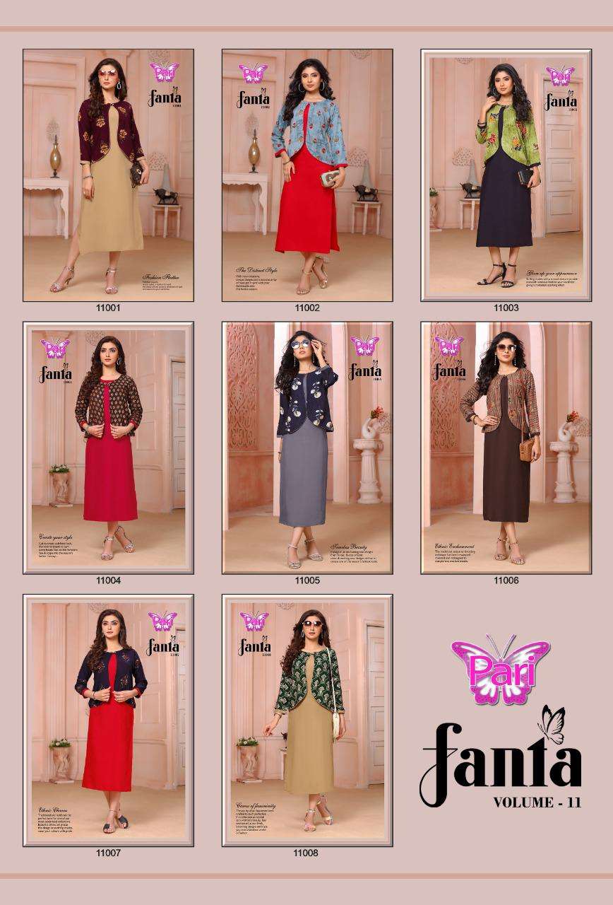 FANTA VOL-11 BY PARI 11001 TO 11008 SERIES DESIGNER STYLISH FANCY COLORFUL BEAUTIFUL PARTY WEAR & ETHNIC WEAR COLLECTION RAYON KURTIS WITH KOTI AT WHOLESALE PRICE