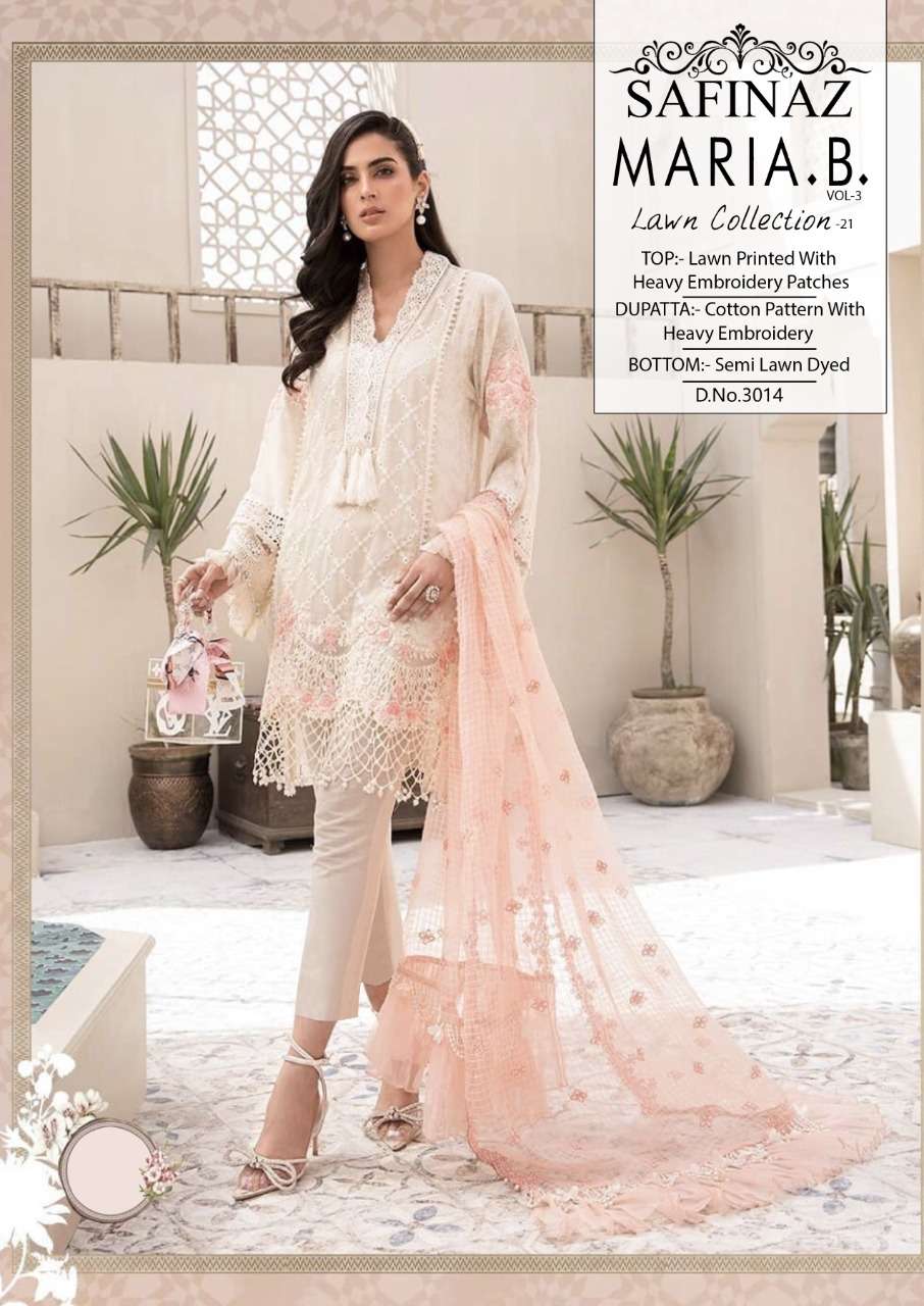 MARIA.B. VOL-3 BY SAFINAZ 3013 TO 3016 SERIES PAKISTANI WEAR COLLECTION BEAUTIFUL STYLISH FANCY COLORFUL PARTY WEAR & OCCASIONAL WEAR LAWN DYED WITH EMBROIDERED DRESSES AT WHOLESALE PRICE