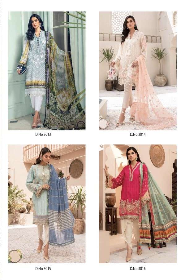 MARIA.B. VOL-3 BY SAFINAZ 3013 TO 3016 SERIES PAKISTANI WEAR COLLECTION BEAUTIFUL STYLISH FANCY COLORFUL PARTY WEAR & OCCASIONAL WEAR LAWN DYED WITH EMBROIDERED DRESSES AT WHOLESALE PRICE