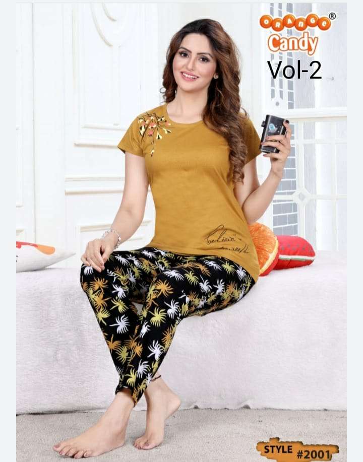 2001 VOL-2 BY ORANGE CANDY 201 TO 206 SERIES BEAUTIFUL STYLISH FANCY COLORFUL CASUAL WEAR & ETHNIC WEAR HOSIERY COTTON TOPS AND BOTTOM AT WHOLESALE PRICE