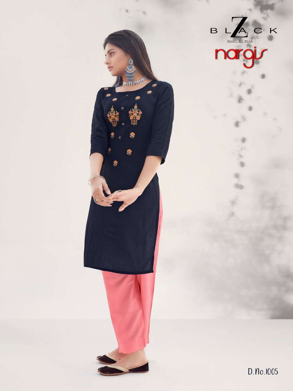 NARGIS BY Z BLACK 1001 TO 1006 SERIES DESIGNER STYLISH FANCY COLORFUL BEAUTIFUL PARTY WEAR & ETHNIC WEAR COLLECTION RAYON EMBROIDERY KURTIS WITH BOTTOM AT WHOLESALE PRICE
