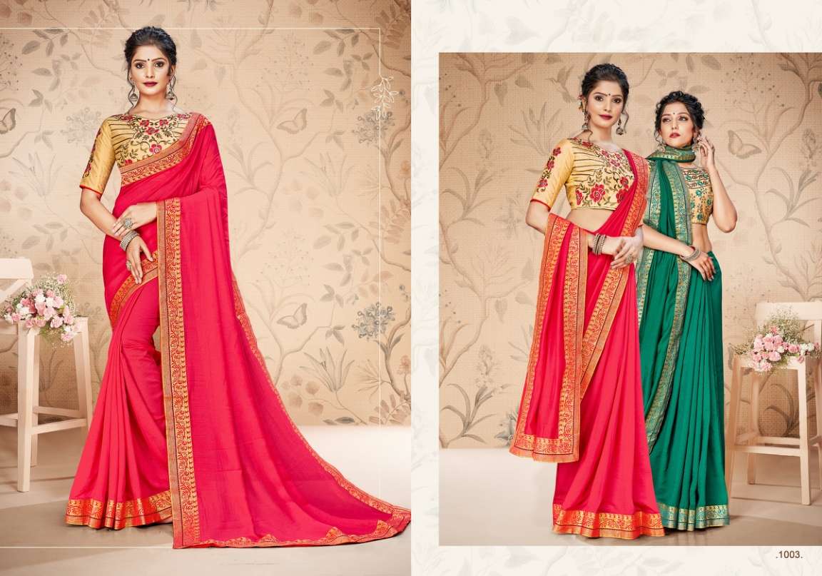 ANAISHA BY RANJNA 1001 TO 1008 SERIES INDIAN TRADITIONAL WEAR COLLECTION BEAUTIFUL STYLISH FANCY COLORFUL PARTY WEAR & OCCASIONAL WEAR VICHITRA SILK SAREES AT WHOLESALE PRICE