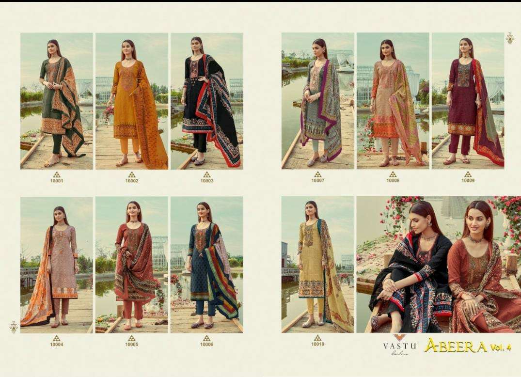 ABEERA VOL-4 BY VASTU TEX 10001 TO 10010 SERIES BEAUTIFUL SUITS COLORFUL STYLISH FANCY CASUAL WEAR & ETHNIC WEAR LAWN COTTON PRINT WITH WORK DRESSES AT WHOLESALE PRICE