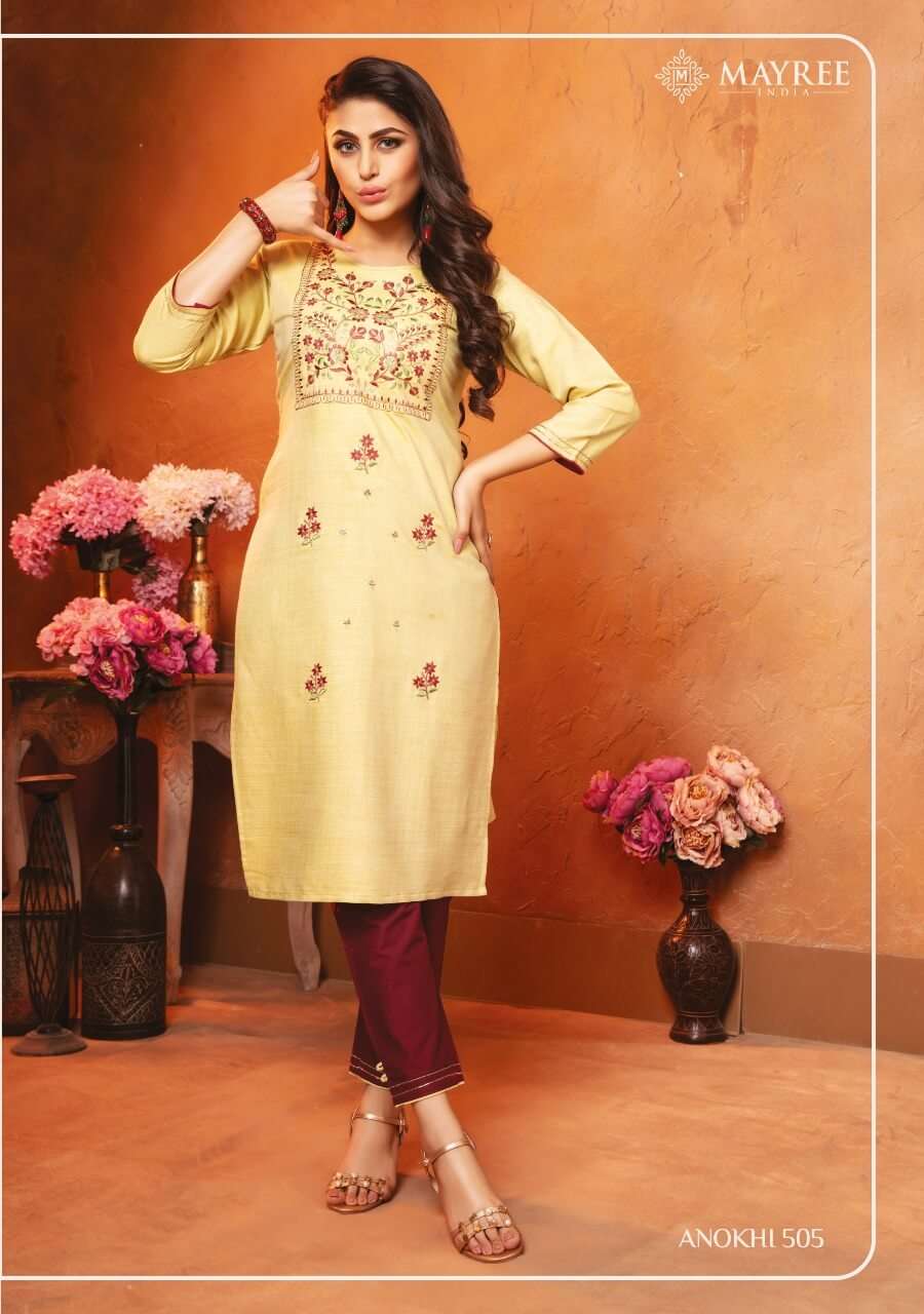 ANOKHI VOL-5 BY MAYREE 501 TO 508 SERIES DESIGNER STYLISH FANCY COLORFUL BEAUTIFUL PARTY WEAR & ETHNIC WEAR COLLECTION RAYON EMBROIDERY KURTIS WITH BOTTOM AT WHOLESALE PRICE