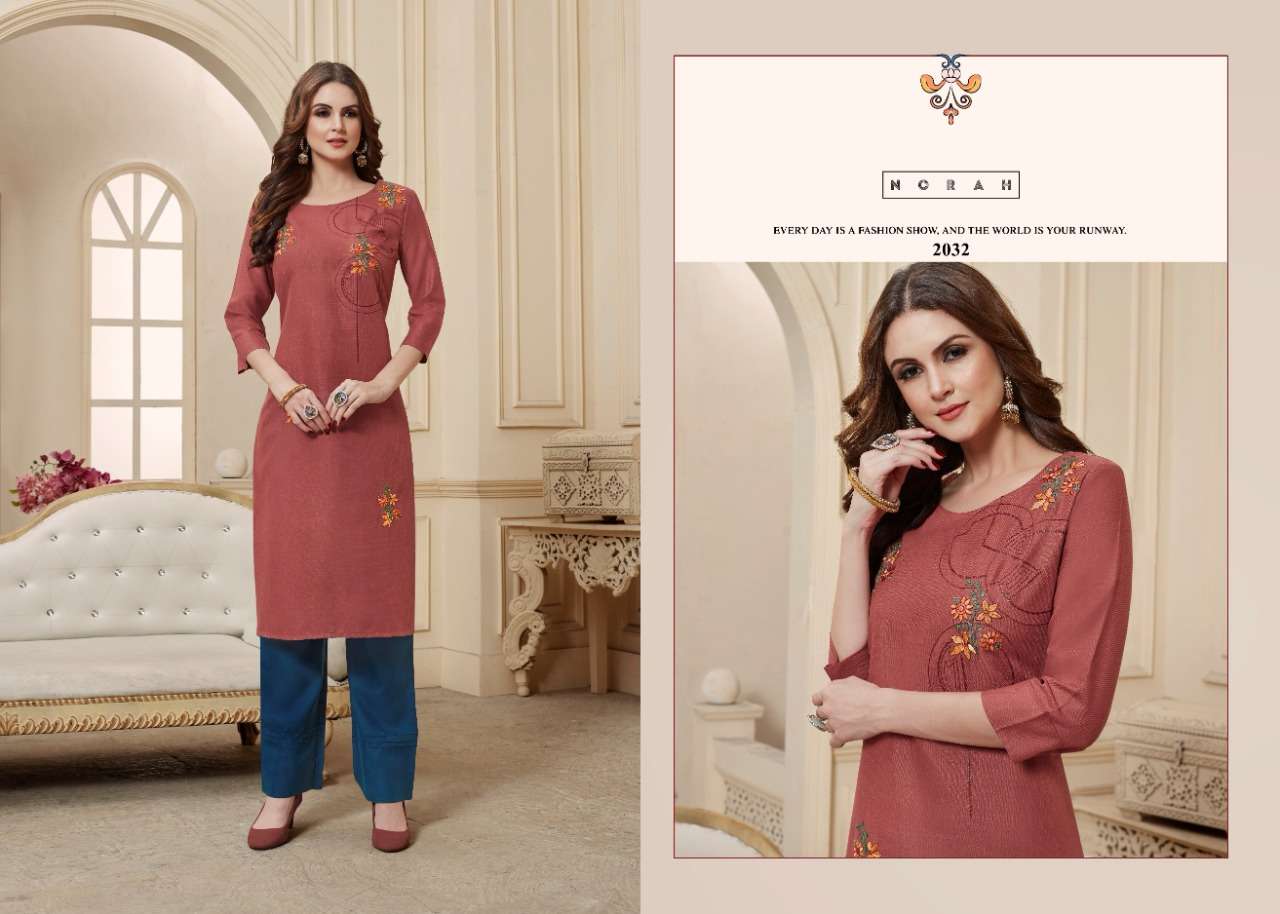 NARI BY NORAH 2032 TO 2037 SERIES DESIGNER STYLISH FANCY COLORFUL BEAUTIFUL PARTY WEAR & ETHNIC WEAR COLLECTION COTTON EMBROIDERY KURTIS WITH BOTTOM AT WHOLESALE PRICE