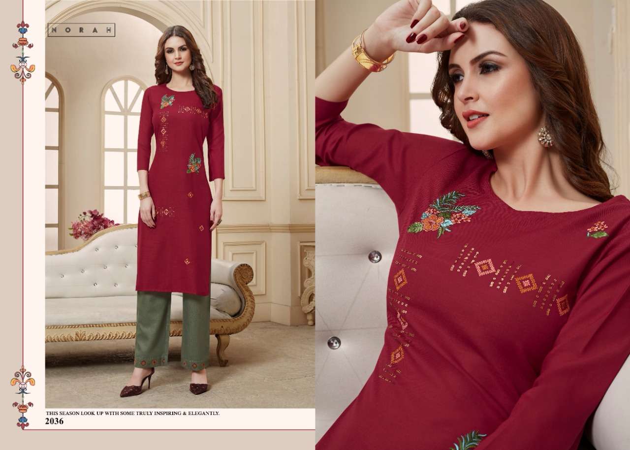 NARI BY NORAH 2032 TO 2037 SERIES DESIGNER STYLISH FANCY COLORFUL BEAUTIFUL PARTY WEAR & ETHNIC WEAR COLLECTION COTTON EMBROIDERY KURTIS WITH BOTTOM AT WHOLESALE PRICE