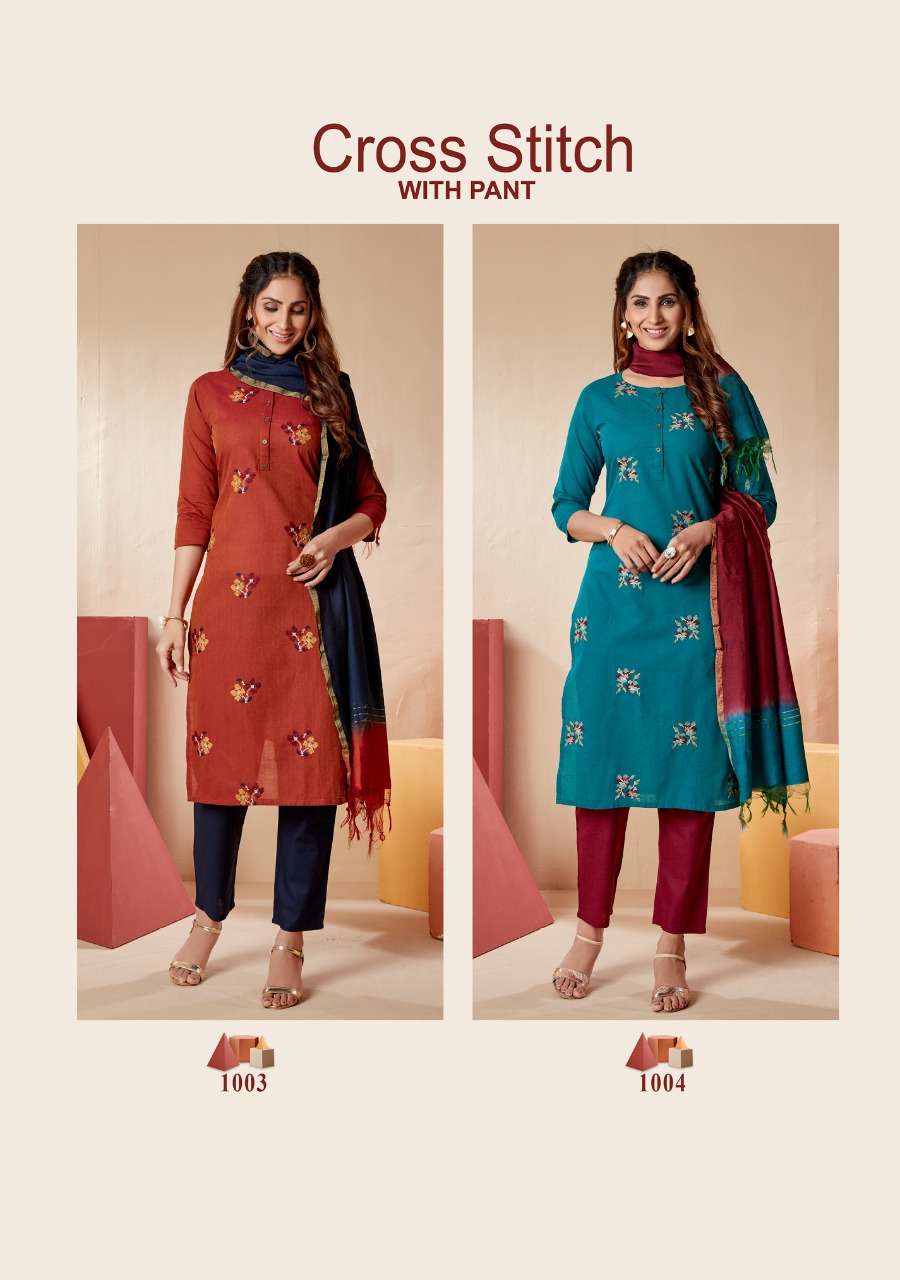 CROSS STITCH BY 7 PEARLS 1001 TO 1004 SERIES BEAUTIFUL SUITS COLORFUL STYLISH FANCY CASUAL WEAR & ETHNIC WEAR PURE COTTON EMBROIDERED DRESSES AT WHOLESALE PRICE