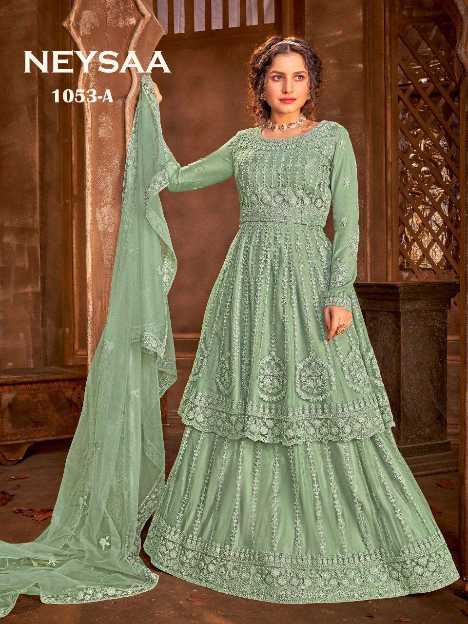 NEYSAA BY AVIGHAYA 1053 TO 1053-C SERIES BEAUTIFUL STYLISH ANARKALI SUITS FANCY COLORFUL CASUAL WEAR & ETHNIC WEAR & READY TO WEAR NET EMBROIDERED DRESSES AT WHOLESALE PRICE