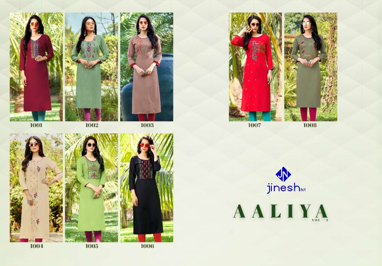 AALIYA VOL-2 BY JINESH NX 1001 TO 1008 SERIES DESIGNER STYLISH FANCY COLORFUL BEAUTIFUL PARTY WEAR & ETHNIC WEAR COLLECTION RAYON HANDWORK KURTIS AT WHOLESALE PRICE
