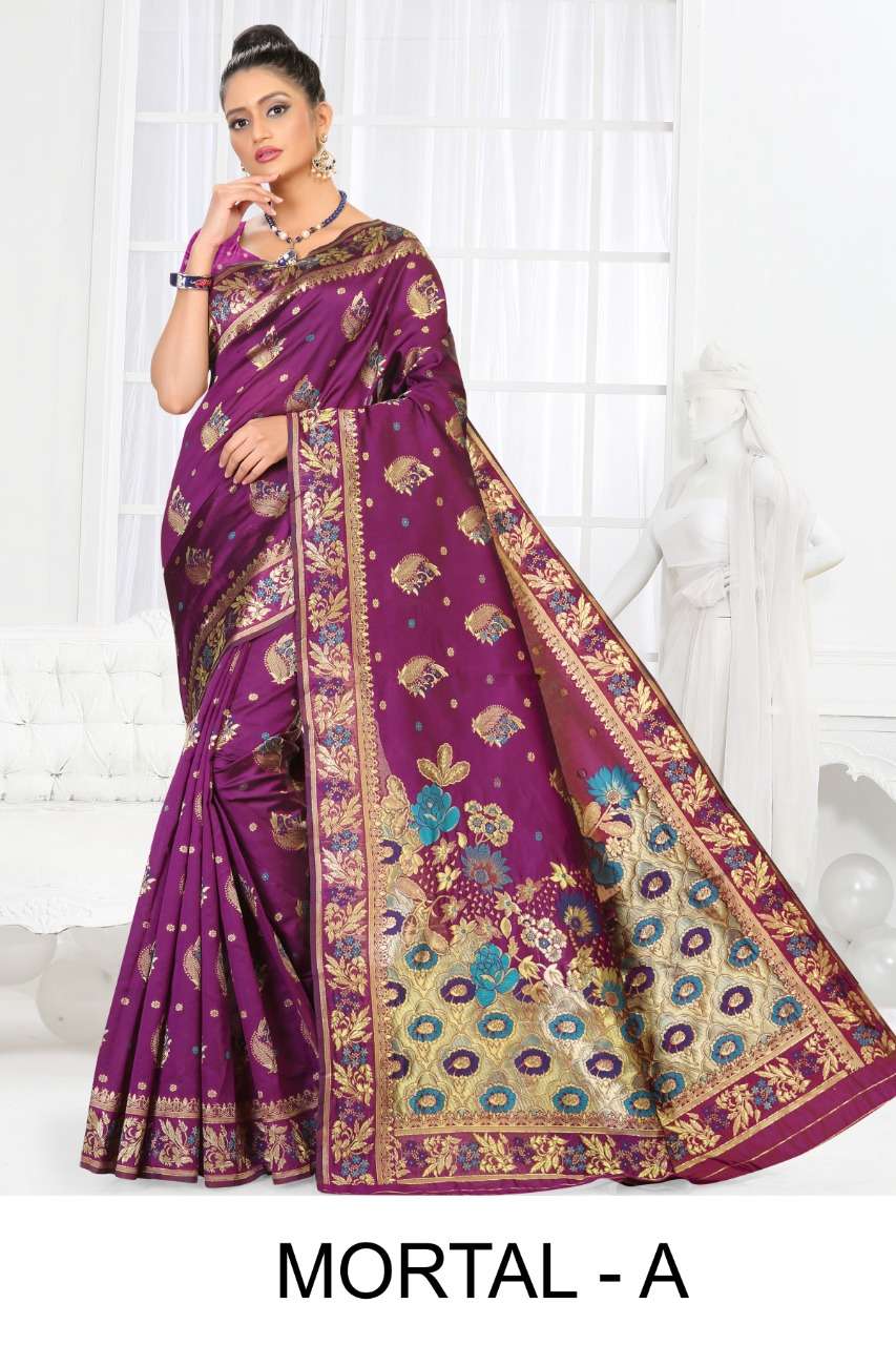 MORTAL BY RONISHA FASHION A TO F SERIES INDIAN TRADITIONAL WEAR COLLECTION BEAUTIFUL STYLISH FANCY COLORFUL PARTY WEAR & OCCASIONAL WEAR SILK SAREES AT WHOLESALE PRICE