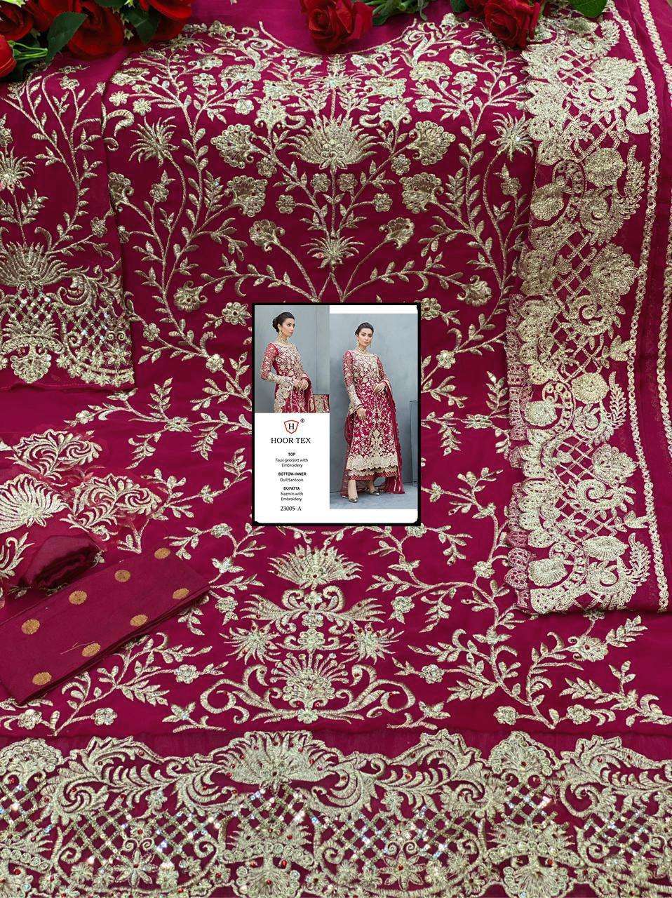 HOOR TEX 23005 COLOURS BY HOOR TEX 23005-A TO 23005-G SERIES DESIGNER PAKISTANI SUITS COLLECTION BEAUTIFUL STYLISH FANCY COLORFUL PARTY WEAR & OCCASIONAL WEAR HEAVY FAUX GEORGETTE EMBROIDERED DRESSES AT WHOLESALE PRICE