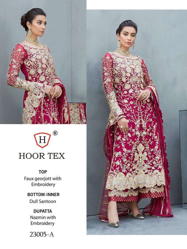 HOOR TEX 23005 COLOURS BY HOOR TEX 23005-A TO 23005-G SERIES DESIGNER PAKISTANI SUITS COLLECTION BEAUTIFUL STYLISH FANCY COLORFUL PARTY WEAR & OCCASIONAL WEAR HEAVY FAUX GEORGETTE EMBROIDERED DRESSES AT WHOLESALE PRICE
