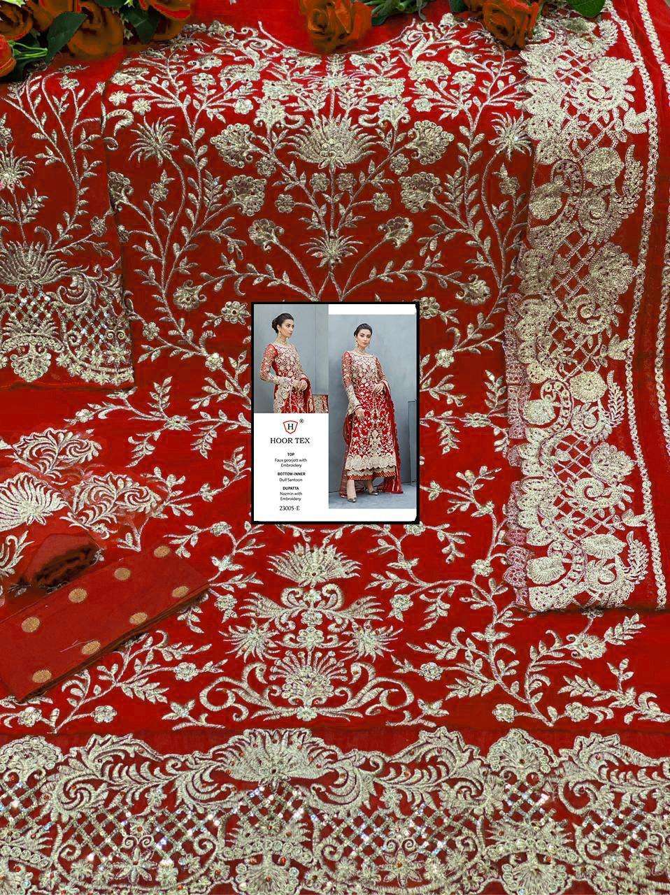 HOOR TEX 23005 COLOURS BY HOOR TEX 23005-A TO 23005-G SERIES DESIGNER PAKISTANI SUITS COLLECTION BEAUTIFUL STYLISH FANCY COLORFUL PARTY WEAR & OCCASIONAL WEAR HEAVY FAUX GEORGETTE EMBROIDERED DRESSES AT WHOLESALE PRICE