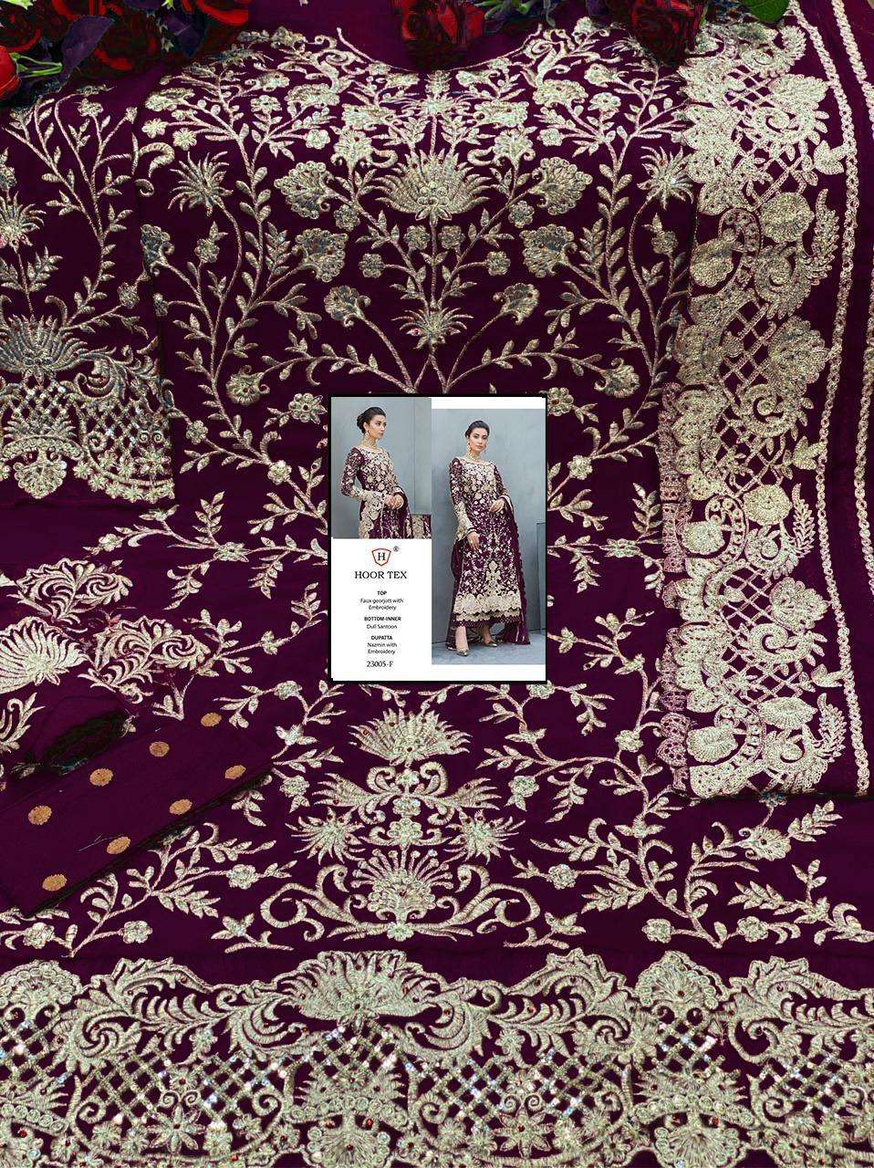 HOOR TEX 23005 COLOURS BY HOOR TEX 23005-A TO 23005-G SERIES DESIGNER PAKISTANI SUITS COLLECTION BEAUTIFUL STYLISH FANCY COLORFUL PARTY WEAR & OCCASIONAL WEAR HEAVY FAUX GEORGETTE EMBROIDERED DRESSES AT WHOLESALE PRICE