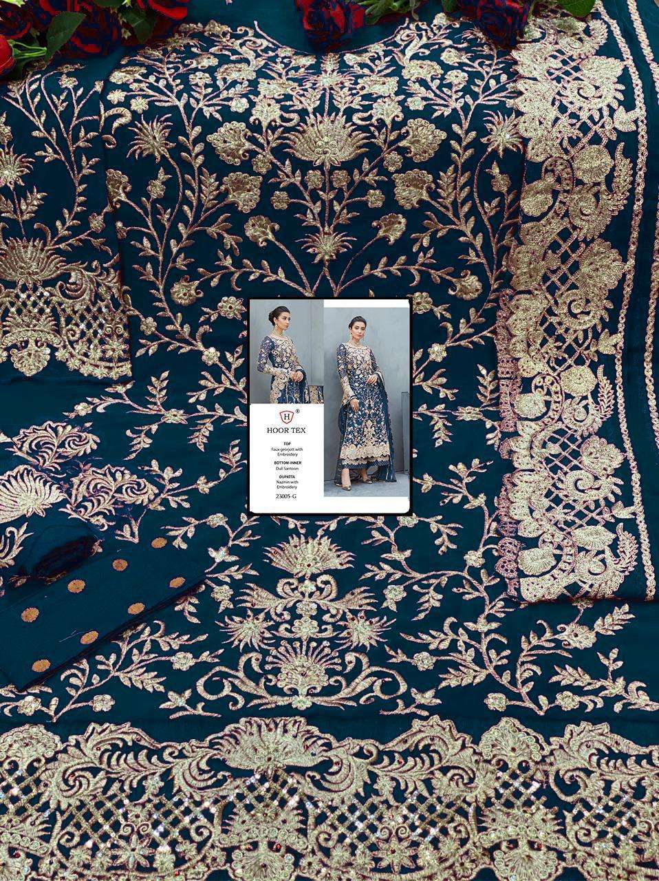 HOOR TEX 23005 COLOURS BY HOOR TEX 23005-A TO 23005-G SERIES DESIGNER PAKISTANI SUITS COLLECTION BEAUTIFUL STYLISH FANCY COLORFUL PARTY WEAR & OCCASIONAL WEAR HEAVY FAUX GEORGETTE EMBROIDERED DRESSES AT WHOLESALE PRICE