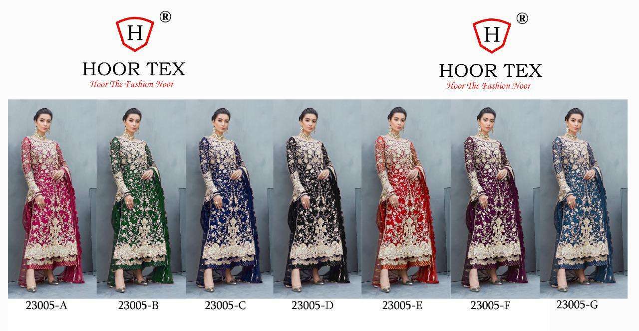 HOOR TEX 23005 COLOURS BY HOOR TEX 23005-A TO 23005-G SERIES DESIGNER PAKISTANI SUITS COLLECTION BEAUTIFUL STYLISH FANCY COLORFUL PARTY WEAR & OCCASIONAL WEAR HEAVY FAUX GEORGETTE EMBROIDERED DRESSES AT WHOLESALE PRICE