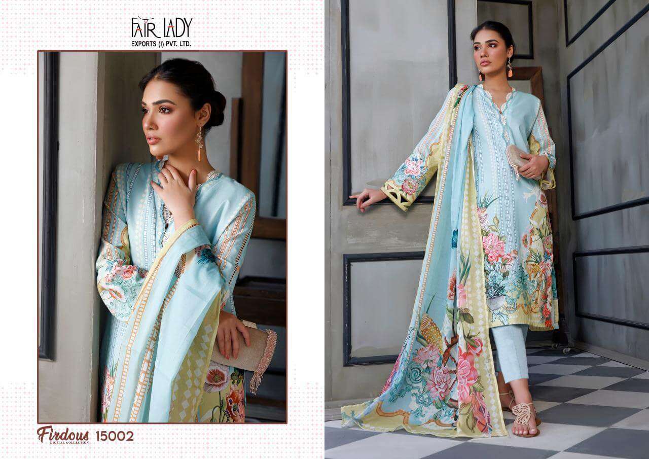 FIRDOUS DIGITAL COLLECTION BY FAIR LADY 15001 TO 15006 SERIES BEAUTIFUL SUITS COLORFUL STYLISH FANCY CASUAL WEAR & ETHNIC WEAR LAWN COTTON DIGITAL PRINT EMBROIDERED DRESSES AT WHOLESALE PRICE