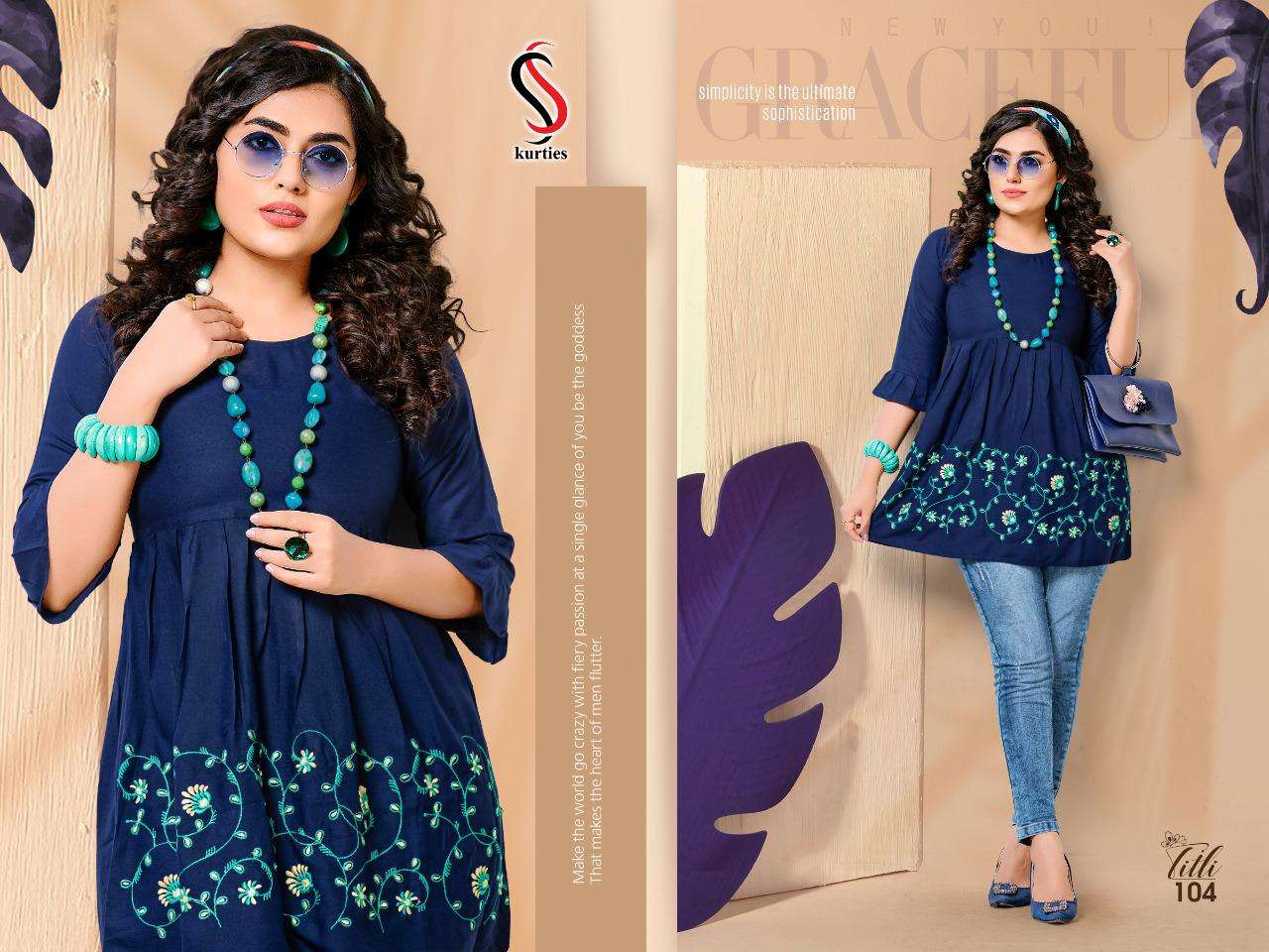 TITLI BY S S KURTIS 101 TO 110 SERIES DESIGNER BEAUTIFUL STYLISH FANCY COLORFUL PARTY WEAR & OCCASIONAL WEAR RAYON EMBROIDERED TOPS AT WHOLESALE PRICE