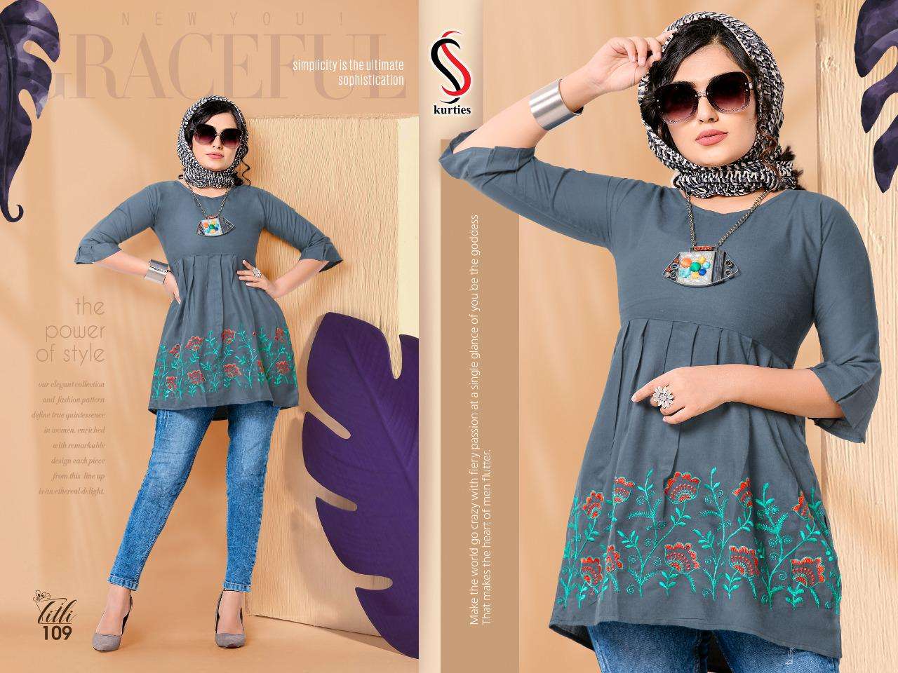 TITLI BY S S KURTIS 101 TO 110 SERIES DESIGNER BEAUTIFUL STYLISH FANCY COLORFUL PARTY WEAR & OCCASIONAL WEAR RAYON EMBROIDERED TOPS AT WHOLESALE PRICE