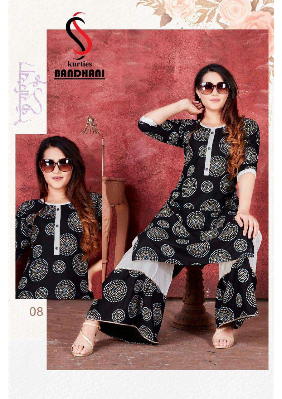 BANDHANI BY S S KURTIS 01 TO 08 SERIES DESIGNER STYLISH FANCY COLORFUL BEAUTIFUL PARTY WEAR & ETHNIC WEAR COLLECTION RAYON KURTIS WITH BOTTOM AT WHOLESALE PRICE