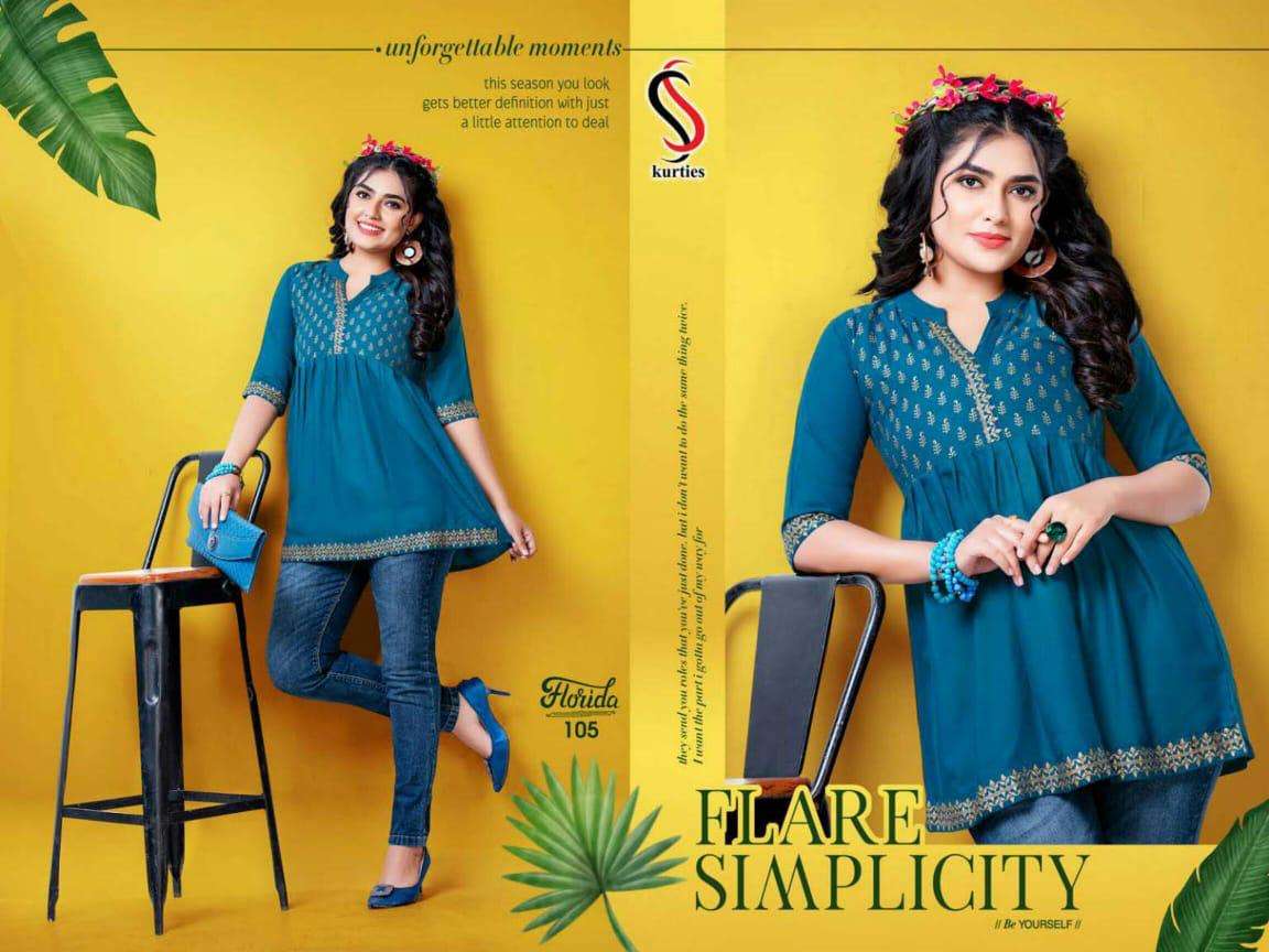 FLORIDA BY S S KURTIS 101 TO 108 SERIES DESIGNER BEAUTIFUL STYLISH FANCY COLORFUL PARTY WEAR & OCCASIONAL WEAR RAYON TOPS AT WHOLESALE PRICE