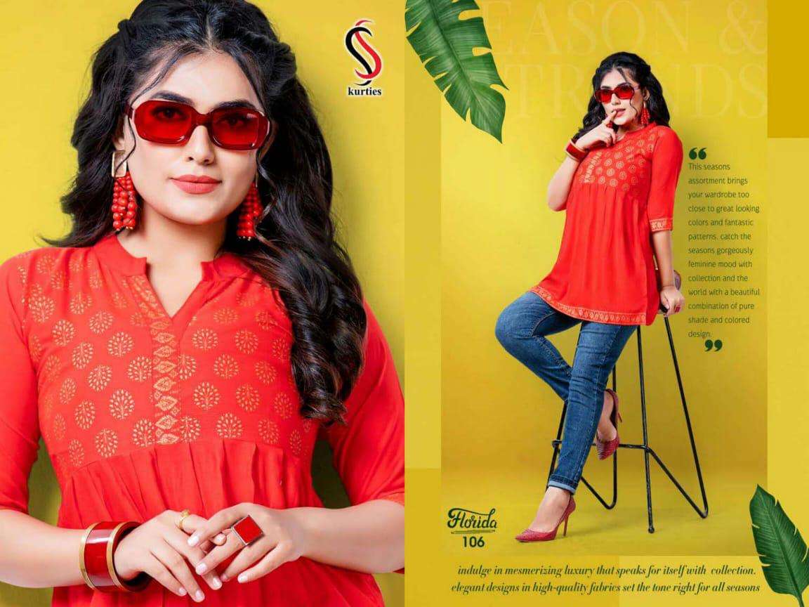 FLORIDA BY S S KURTIS 101 TO 108 SERIES DESIGNER BEAUTIFUL STYLISH FANCY COLORFUL PARTY WEAR & OCCASIONAL WEAR RAYON TOPS AT WHOLESALE PRICE