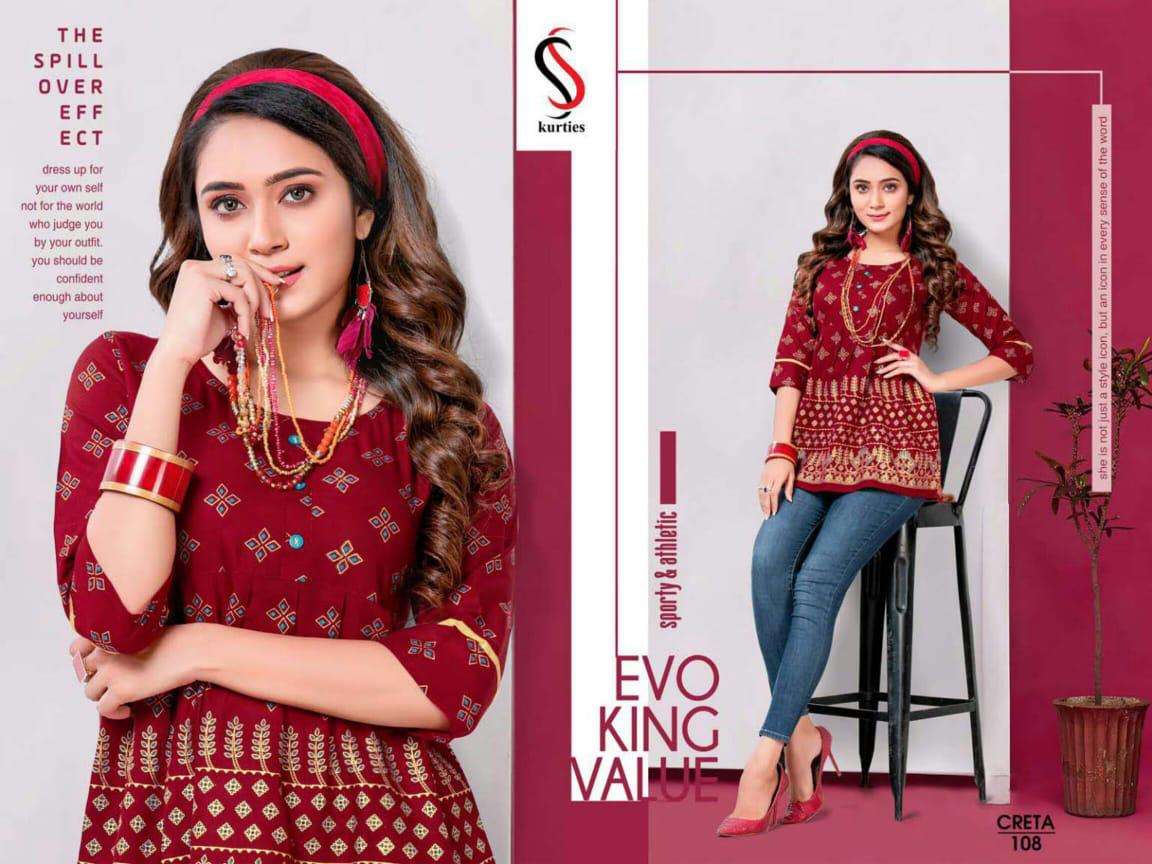 CRETA BY S S KURTIS 101 TO 112 SERIES DESIGNER BEAUTIFUL STYLISH FANCY COLORFUL PARTY WEAR & OCCASIONAL WEAR RAYON TOPS AT WHOLESALE PRICE