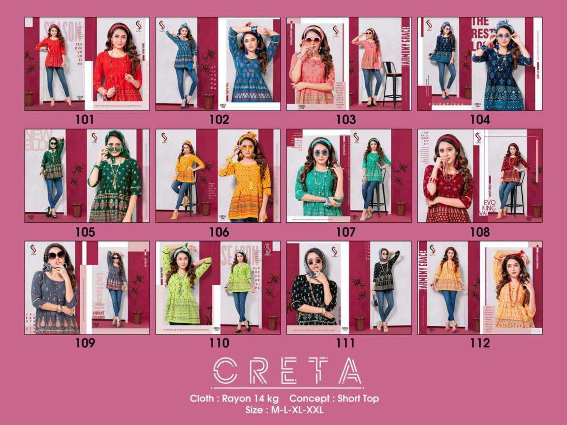 CRETA BY S S KURTIS 101 TO 112 SERIES DESIGNER BEAUTIFUL STYLISH FANCY COLORFUL PARTY WEAR & OCCASIONAL WEAR RAYON TOPS AT WHOLESALE PRICE