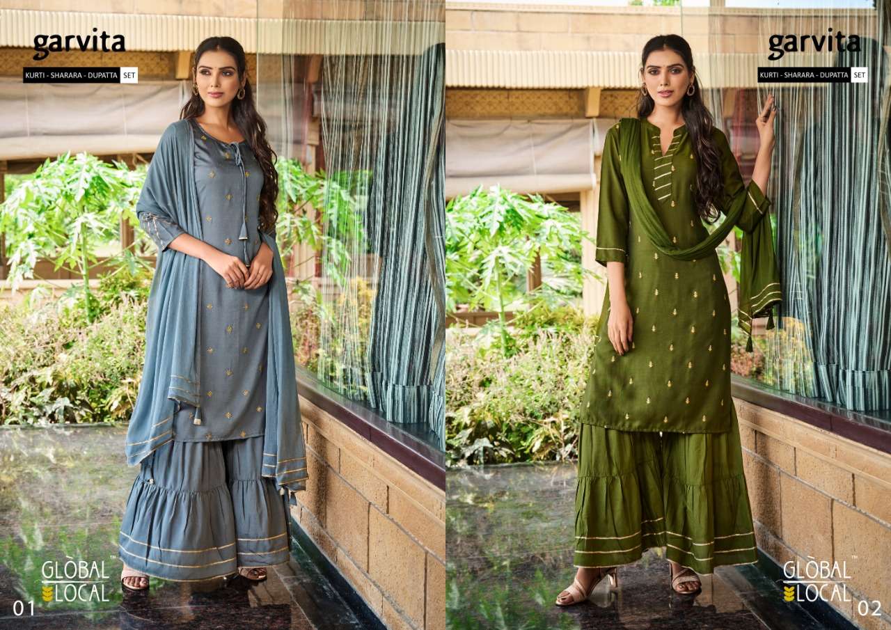 GARVITA BY GLOBAL LOCAL 01 TO 06 SERIES BEAUTIFUL STYLISH SHARARA SUITS FANCY COLORFUL CASUAL WEAR & ETHNIC WEAR & READY TO WEAR MUSLIN EMBROIDERED DRESSES AT WHOLESALE PRICE