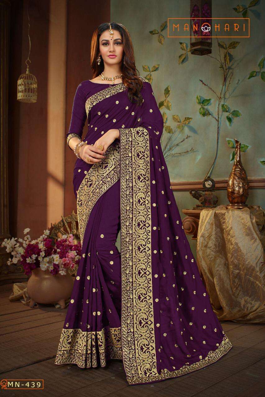 MANOHARI VOL-3 BY MANOHARI 438 TO 442 SERIES INDIAN TRADITIONAL WEAR COLLECTION BEAUTIFUL STYLISH FANCY COLORFUL PARTY WEAR & OCCASIONAL WEAR VICHITRA SILK SAREES AT WHOLESALE PRICE