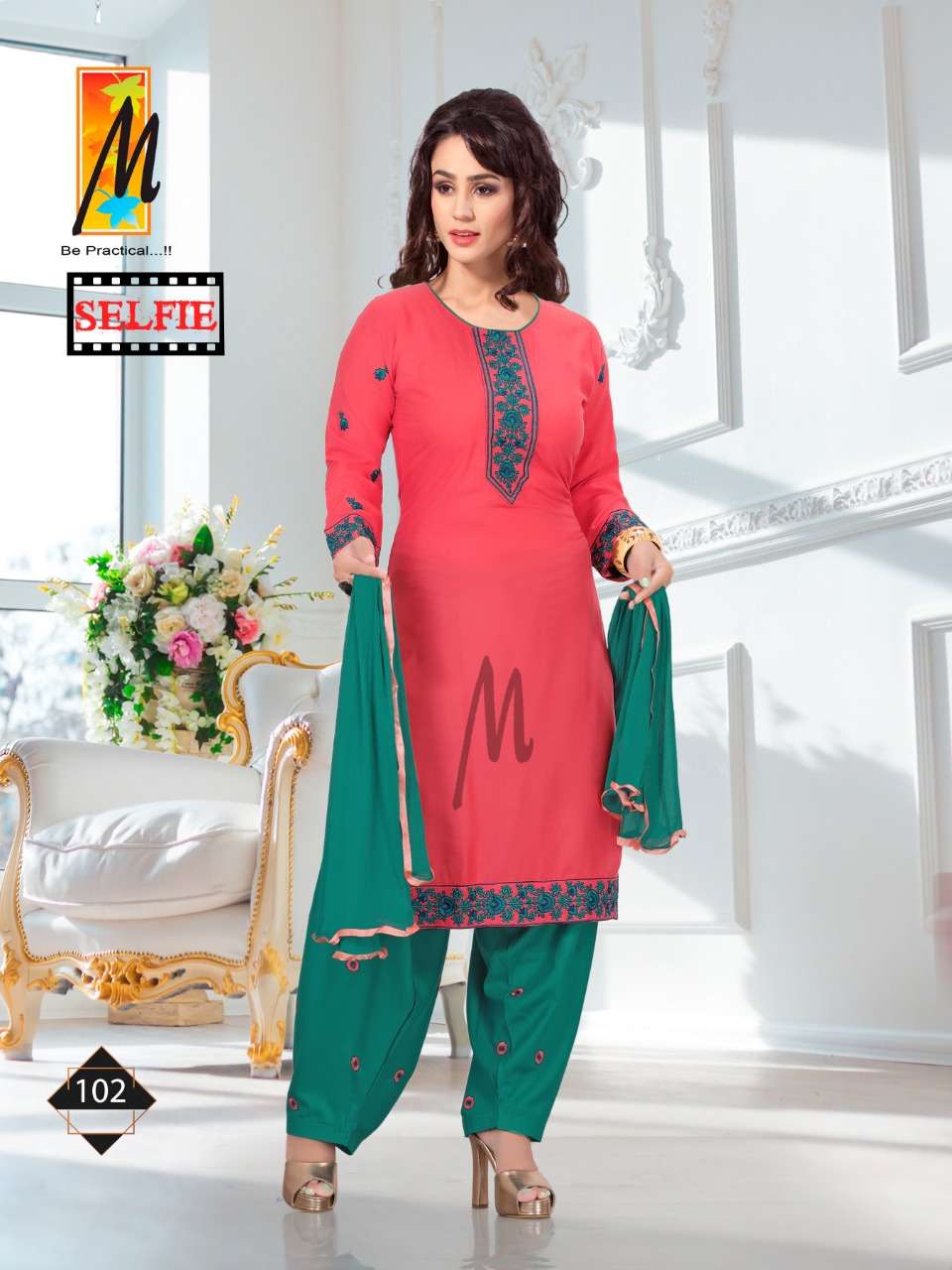 SELFIE BY M BE PRACTICAL 101 TO 108 SERIES BEAUTIFUL STYLISH SUITS FANCY COLORFUL CASUAL WEAR & ETHNIC WEAR & READY TO WEAR RAYON EMBROIDERED DRESSES AT WHOLESALE PRICE