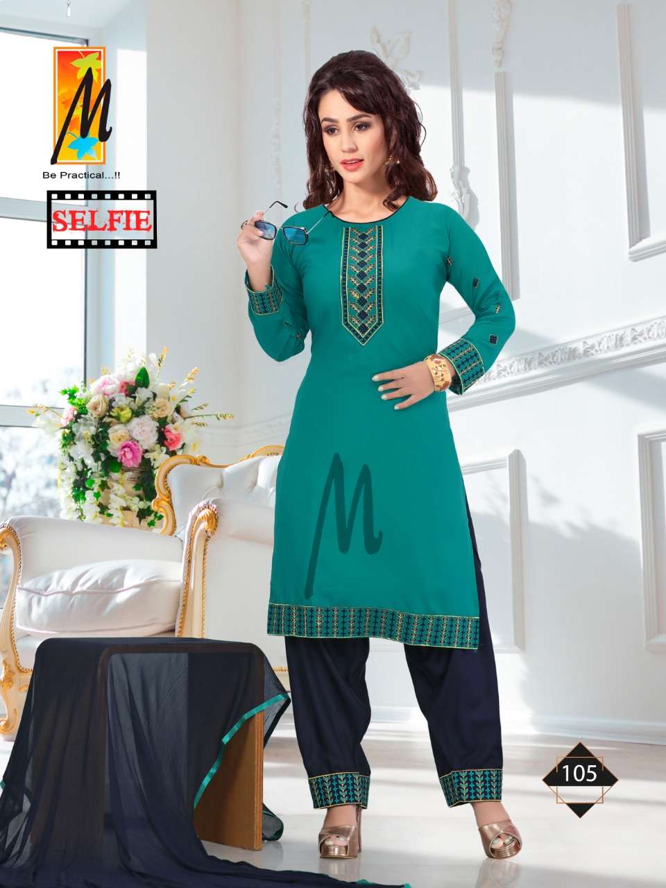 SELFIE BY M BE PRACTICAL 101 TO 108 SERIES BEAUTIFUL STYLISH SUITS FANCY COLORFUL CASUAL WEAR & ETHNIC WEAR & READY TO WEAR RAYON EMBROIDERED DRESSES AT WHOLESALE PRICE