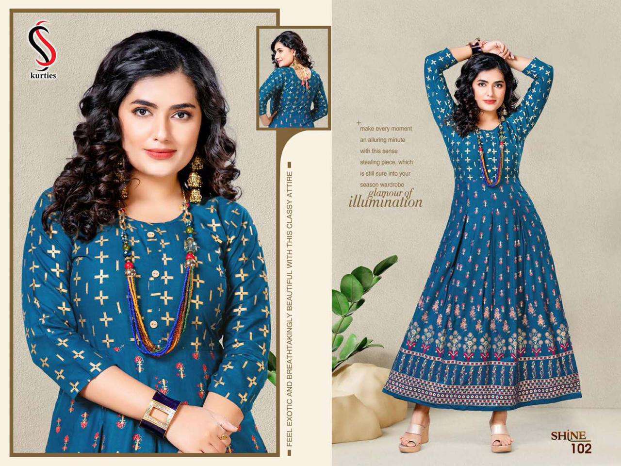 SHINE BY S S KURTIS 101 TO 108 SERIES BEAUTIFUL STYLISH FANCY COLORFUL CASUAL WEAR & ETHNIC WEAR HEAVY RAYON PRINT GOWNS AT WHOLESALE PRICE
