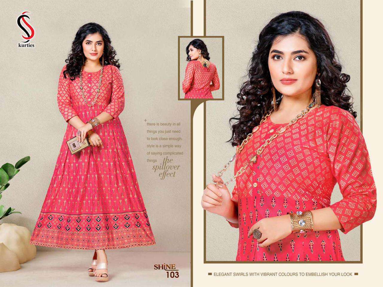 SHINE BY S S KURTIS 101 TO 108 SERIES BEAUTIFUL STYLISH FANCY COLORFUL CASUAL WEAR & ETHNIC WEAR HEAVY RAYON PRINT GOWNS AT WHOLESALE PRICE